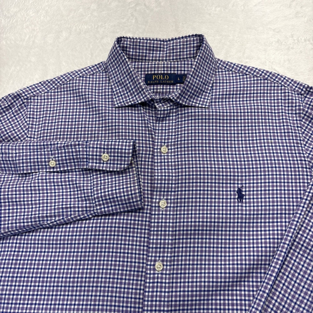 Polo Ralph Lauren Y2K 90s Gingham Shirt Mens L Purple Blue Preppy Old Money